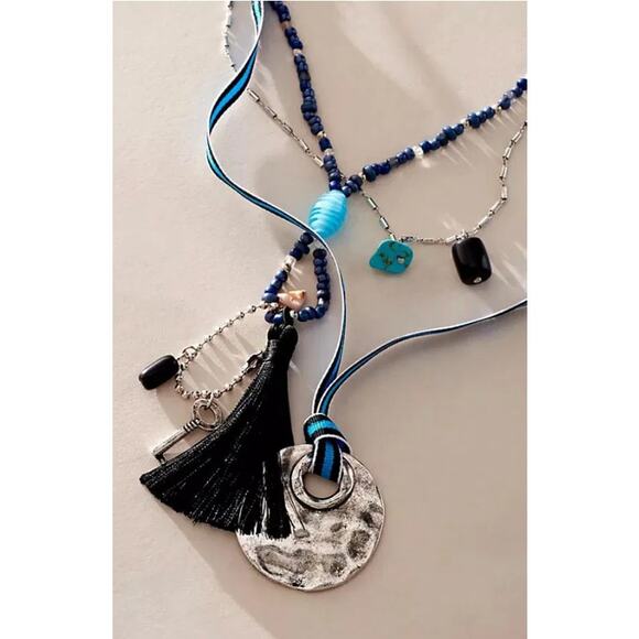 NWT $48 Free People International Love Layered Necklace Black Silver Turquoise - Picture 2 of 7